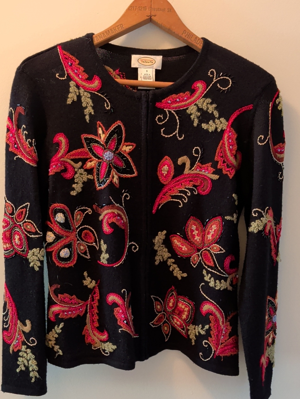 Talbots Black Zip-Front Embroidered  and beaded Floral Cardigan